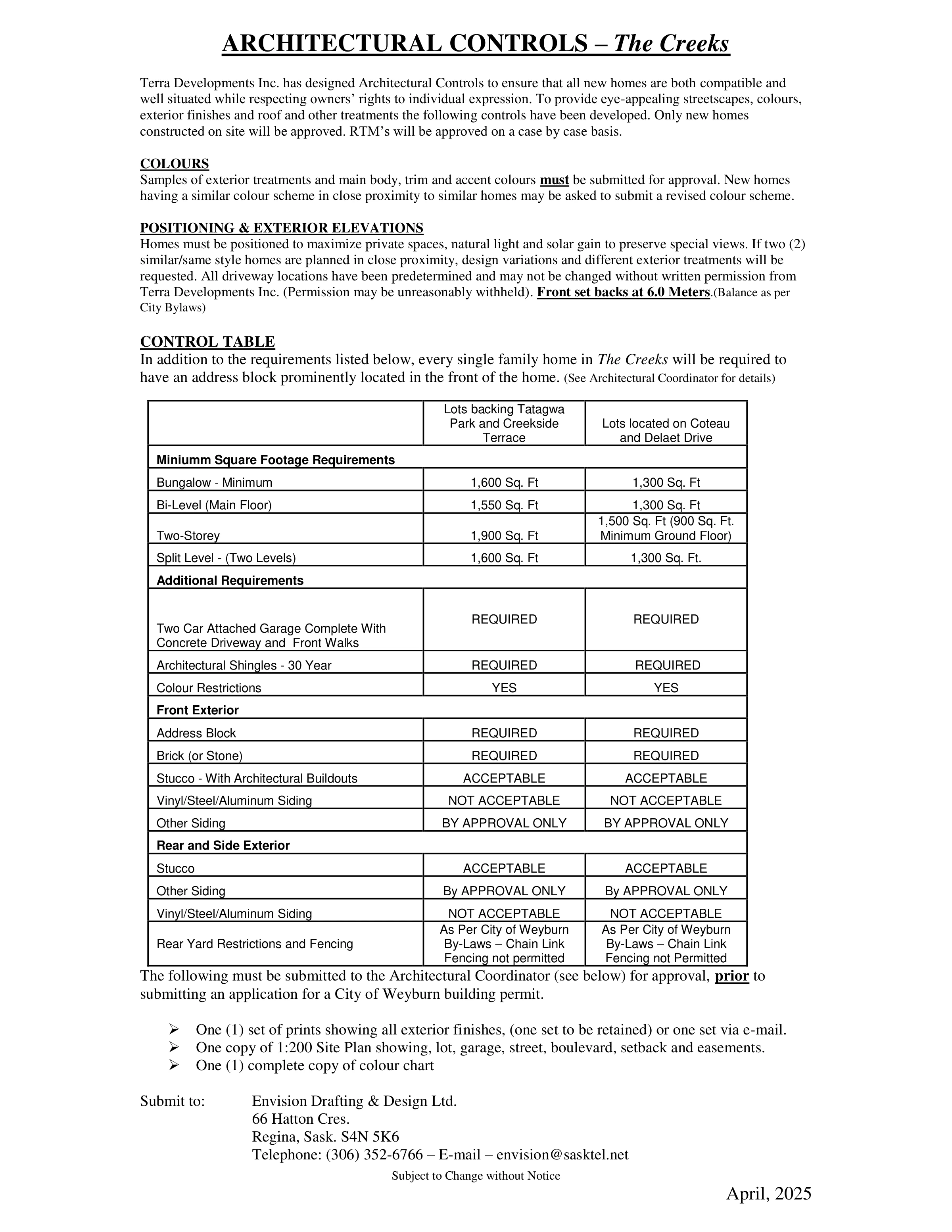 Full architectural controls document, including minimum home sizes, exterior materials and approval requirements